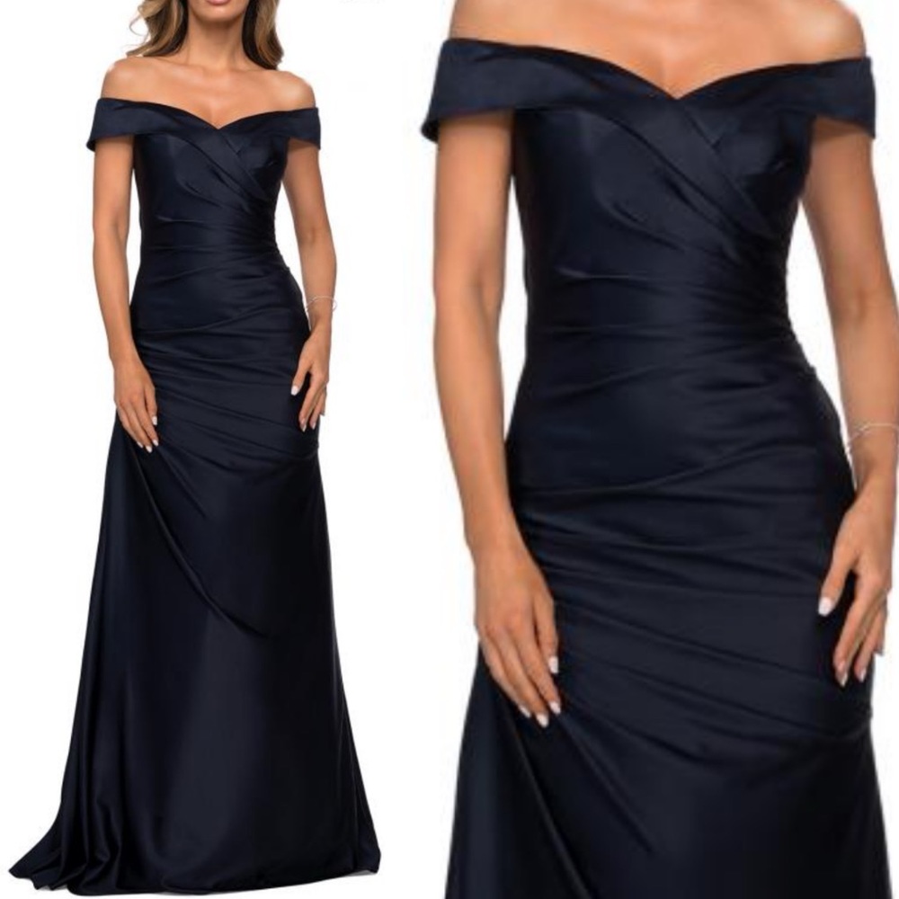 La Femme Navy Off-Shoulder Satin Maxi Dress